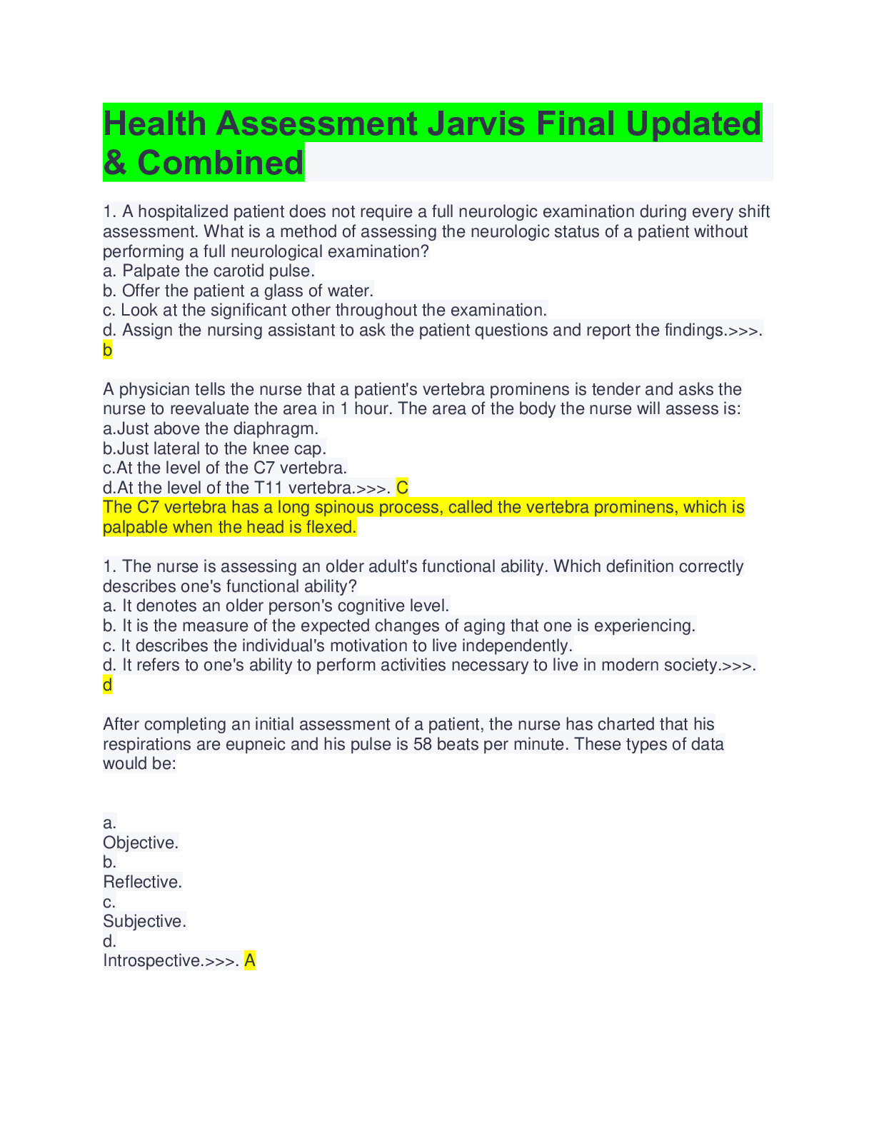 1024 Health Assessment Jarvis Final Updated & Combined Questions with